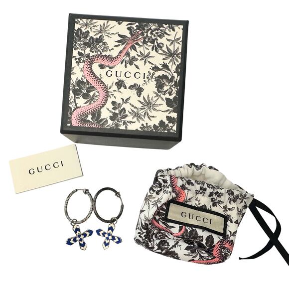 Gucci Enamel Cross Motif Hoop Earrings with Pouch, Box & Booklet - Picture 11 of 11